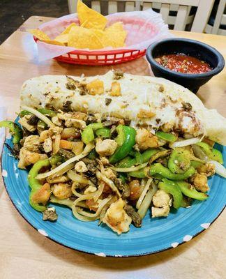 Quesadilla Oaxacquena with Chicken, Shrimp and Steak. Huge!!!