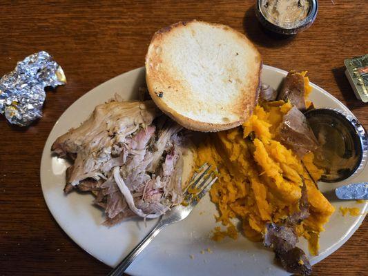 Pulled pork barbecue with sweet potato.