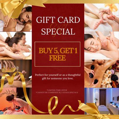 Gift Card Special
Buy 5, Get 1 Free
Perfect for yourself or as a thoughtful gift for loved ones.