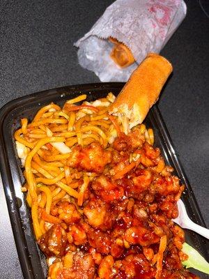 Orange chicken with lo mein & spring rolls! 10/10