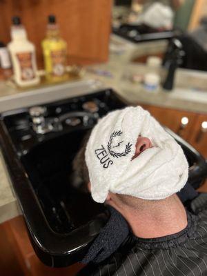 Eucalyptus steamed towel, included in Premium Haircut