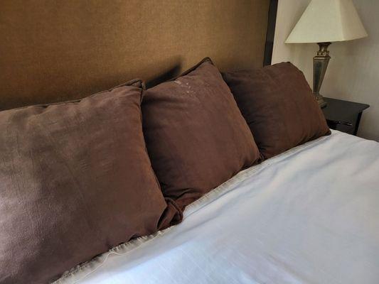 Middle decorative pillow with what seems to be semen on it.