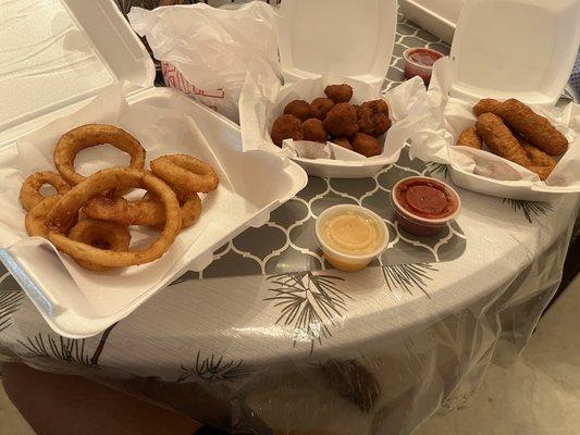 Takeout: onion rings, deep fried mushrooms, mozzarella sticks