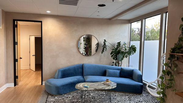 office space with lime wash walls.