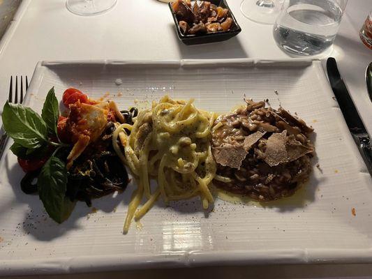 This was a tasting of Squid ink pasta with crab, Carbonara, and Mushroom risotto with shaved truffles.