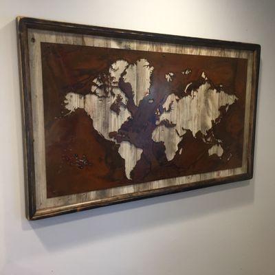 Metal Atlas Map. Rust Metal and Rustic White Background. Two sizes 30"x50" and 24"x36"