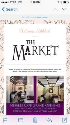 Nibbles is inside the Market where Ripe Tomato and PJ's have been. It's really scrumptious and has had a great facelift!
