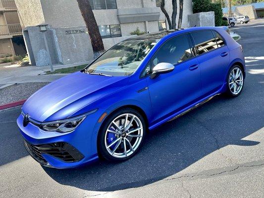 New 2024 Volkswagen Golf R wrapped with Frozen Sapphire Pure PPF and Feynlab ceramic coating.