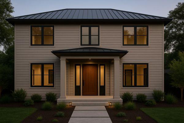 Modern Honolulu home remodel with new entry door, smooth stucco exterior, and warm ambient lighting by ASL Remodeling.