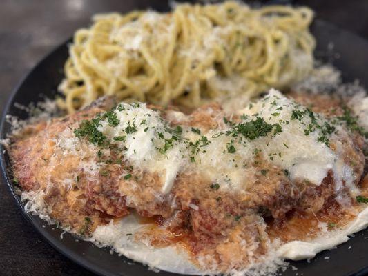 Chicken Parmesan with garlic butter pasta