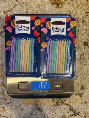 Candles weighed 1.02 oz.