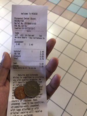 So I only got 26 cents back cause the cashier cause he didn't have no more ones so he give me 26 cents back talk to this worker