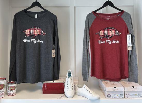 NEW Plaid #Razorback Apparel!! Available in Short and Long Sleeve T-shirts, Raglan with Patch Elbow and Crew-Neck Sweatshirts, S - XL!