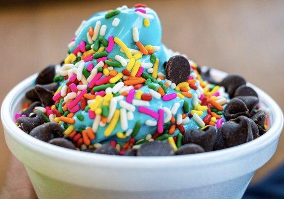 "Mystery" flavor with addition of chocolate chips and rainbow sprinkles. Refreshing soft serve.