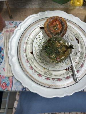 Greens and pork soup and mini quiche with afternoon tea