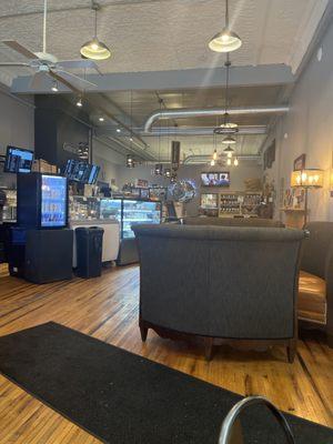 A view from near the entrance in the direction of the order counter and kitchen.