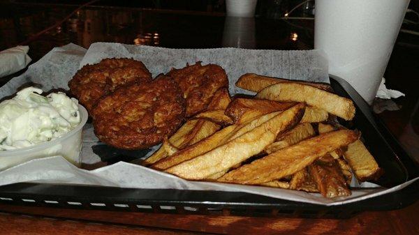 HOMEMADE CRAB CAKES WITH HAND CT FRIES YUMMY ONLY AT THE FOX HOLE BAR AND GRILL HAS