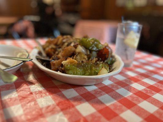 Chicken Murphy with the potatoes, and the onions, and the peppers...