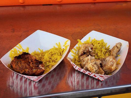 Small sampling of chicken kebab and chicken shawarma over rice