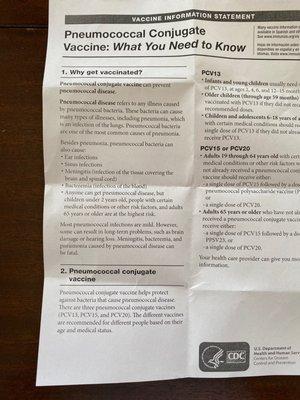 New 1 time Pneumonia vaccination: mine was due. Walk in, no appointment!