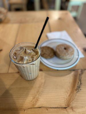 Iced lavender honey latte, cookie, and doughnut