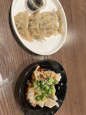 Pork and chive dumplings - regular and Szechuan.