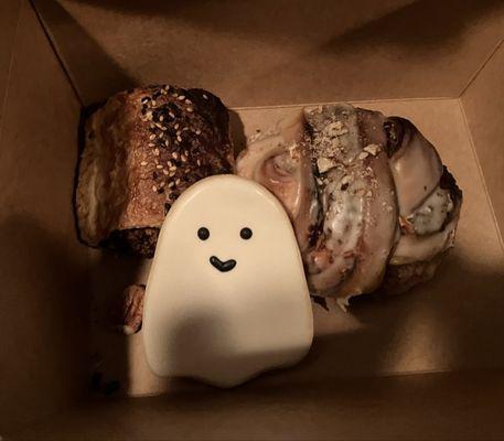 Ghost cookie, seasonal bun: maple, sausage roll
