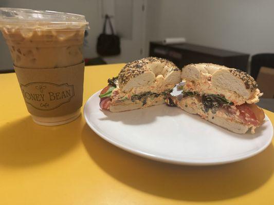 Iced latte and a smoked salmon everything bagel