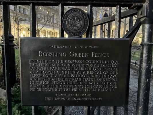 Plaque for the Bowling Green Fence