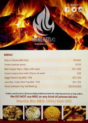 Menu Items: Chicken and Pork BBQ Stix, Veggie Pancit, Beef lumpia, Garlic Rice and Java Rice.