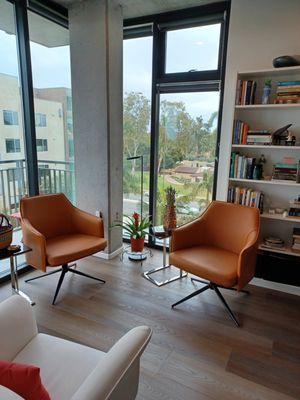Living room with 9' high floor-to-ceiling windows. This corner is facing 6th Ave and Balboa Park. Awesome!