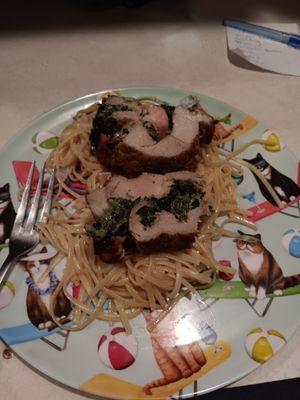 Stuff pork over spagetti