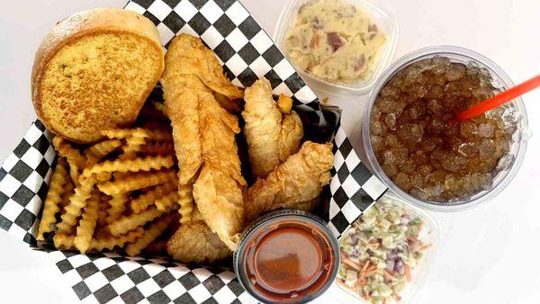 Chicken Tender, Garlic Toast, Soda, Crinkle Cut Fries, Potato Salad, Cole Slaw, BBQ Sauce