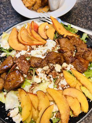 Grilled Peach goat cheese and pork salad with Peach vinaigrette