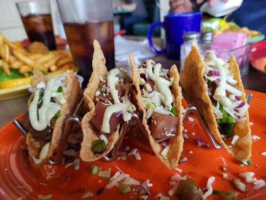 Ahi Tuna Poke Wonton Taco with Wasabi sauce
