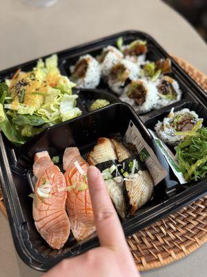 Bento box: Nigiri torch salmon and eel with bulgogi rolls : nigiri bigger and longer than my finger