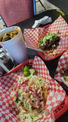 Birria ramen, fish tacos, birria tacos