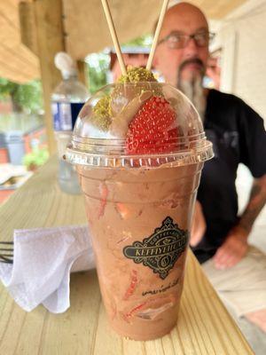 Dubai chocolate with strawberries and pistachio butter.