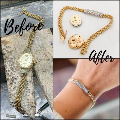 before and after of a customer's watch turned into a diamond bracelet