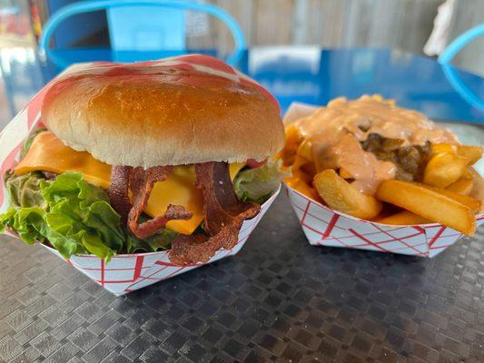 Cheeseburger with bacon and west coast fries.