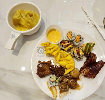Wonton soup, sushi, crab rangoons, mushrooms, pork,beef and broccoli