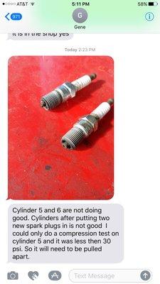 Message from builder suggesting to take engine apart and the damage to spark plugs. Codes proving to be a bad tuner.