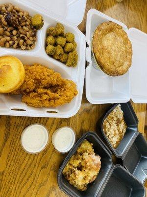 Chicken pot pie, okra , chicken tenders, rice and beans and bread pudding all great