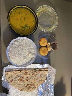 Daal Yellow Mellow, Spiced Potato Medallions and Tandoori Roti. Delivered nice and hot viaGrub Hub.