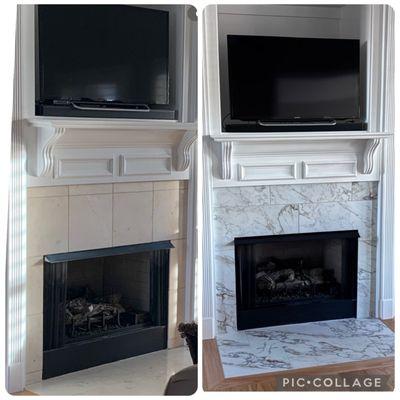 Before and after of the tile on the fireplace.