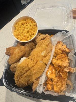 Whole chicken Wings, Fried Catfish, Boneless Buffalo , Mac n Cheese