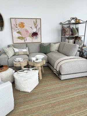 Sofa sectional with hypoallergenic inserts and performance fabric.