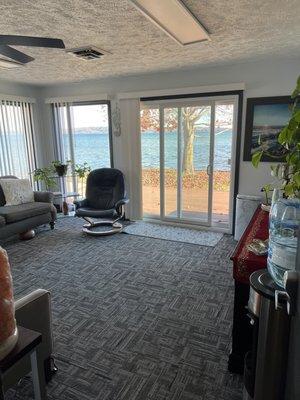 Waiting Area with salt rocks for your feet, snacks, and refreshments.