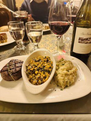 5 oz filet, poblano corn and garlic whipped potatoes.