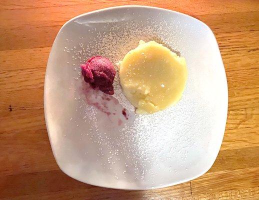 Lemon curd cake with ginger blueberry sorbet.